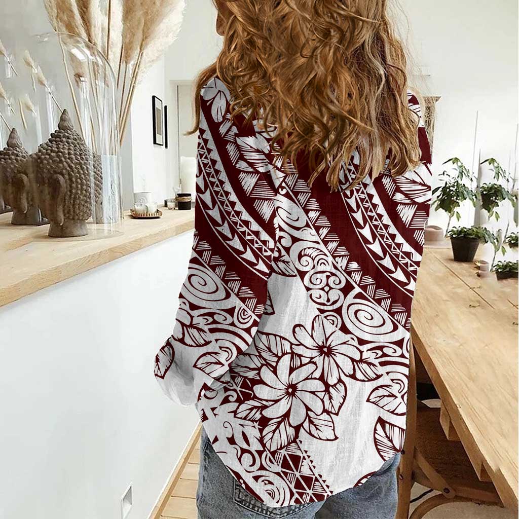 Polynesian Tropical Flowers Oxblood Color Women Casual Shirt