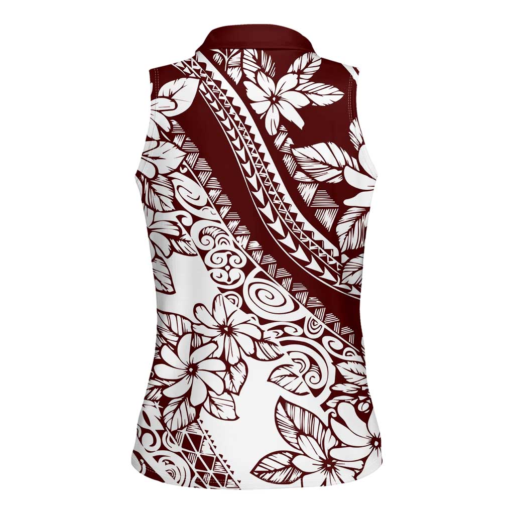 Polynesian Tropical Flowers Oxblood Color Women Sleeveless Polo Shirt