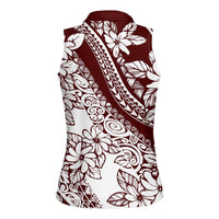 Polynesian Tropical Flowers Oxblood Color Women Sleeveless Polo Shirt