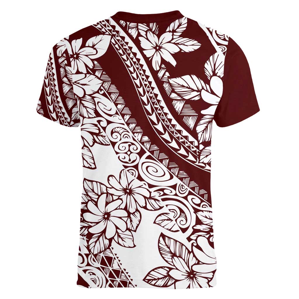 Polynesian Tropical Flowers Oxblood Color Women V-Neck T-Shirt