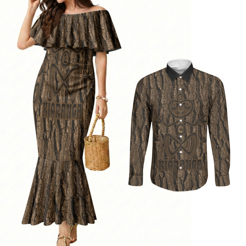Kioranga Moriori New Zealand Couples Matching Mermaid Dress and Long Sleeve Button Shirt Kopi Rakau Carving Art LT14 Brown - Polynesian Pride