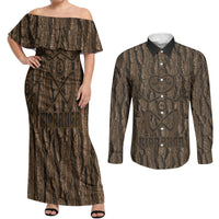 Kioranga Moriori New Zealand Couples Matching Off Shoulder Maxi Dress and Long Sleeve Button Shirt Kopi Rakau Carving Art LT14 Brown - Polynesian Pride