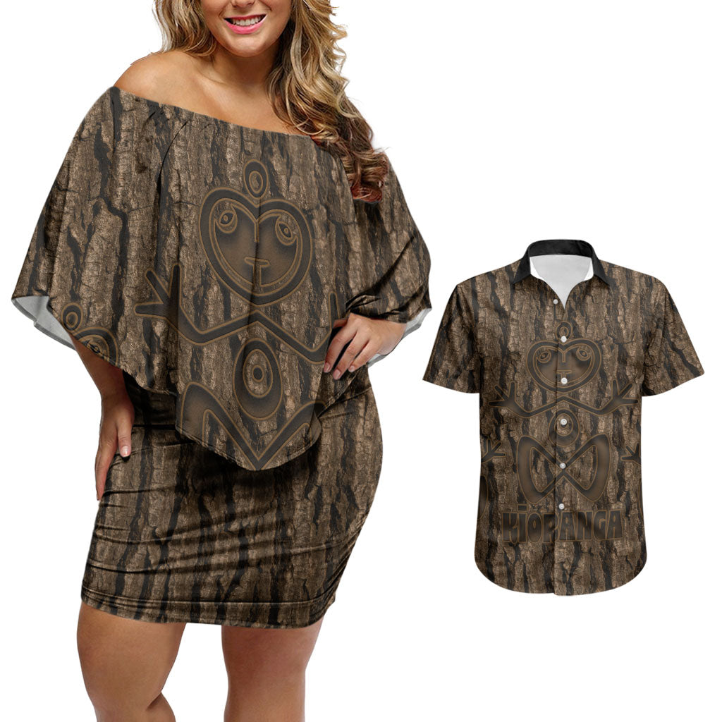 Kioranga Moriori New Zealand Couples Matching Off Shoulder Short Dress and Hawaiian Shirt Kopi Rakau Carving Art LT14 Brown - Polynesian Pride