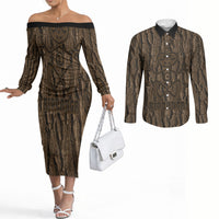 Kioranga Moriori New Zealand Couples Matching Off The Shoulder Long Sleeve Dress and Long Sleeve Button Shirt Kopi Rakau Carving Art LT14 Brown - Polynesian Pride