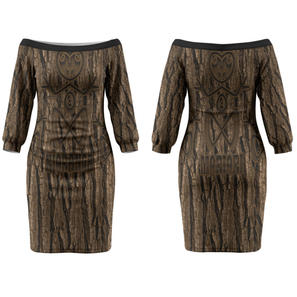 Kioranga Moriori New Zealand Couples Matching Off The Shoulder Long Sleeve Dress and Long Sleeve Button Shirt Kopi Rakau Carving Art LT14 - Polynesian Pride