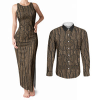 Kioranga Moriori New Zealand Couples Matching Tank Maxi Dress and Long Sleeve Button Shirt Kopi Rakau Carving Art LT14 Brown - Polynesian Pride