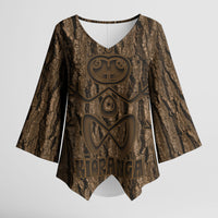 Kioranga Moriori New Zealand Kimono Sleeve Blouse Kopi Rakau Carving Art LT14 Female Brown - Polynesian Pride