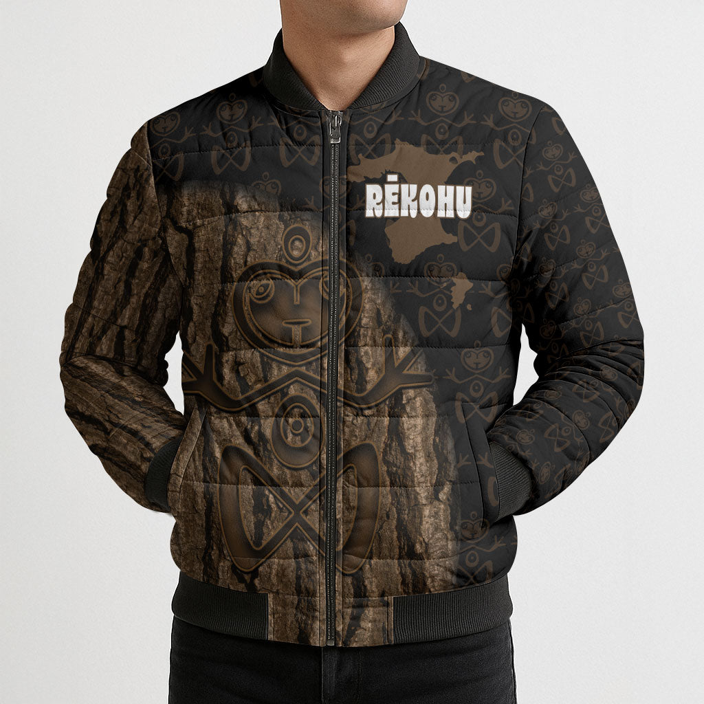 Moriori Kekoru New Zealand Personalised Bomber Puffer Jacket Kopi Rakau Carving Chatham Islands Map LT14 - Polynesian Pride
