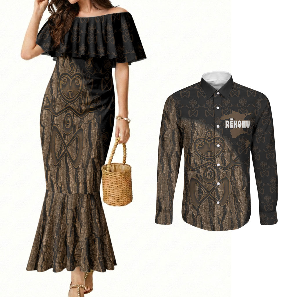 Moriori Kekoru New Zealand Personalised Couples Matching Mermaid Dress and Long Sleeve Button Shirt Kopi Rakau Carving Chatham Islands Map LT14 Black - Polynesian Pride