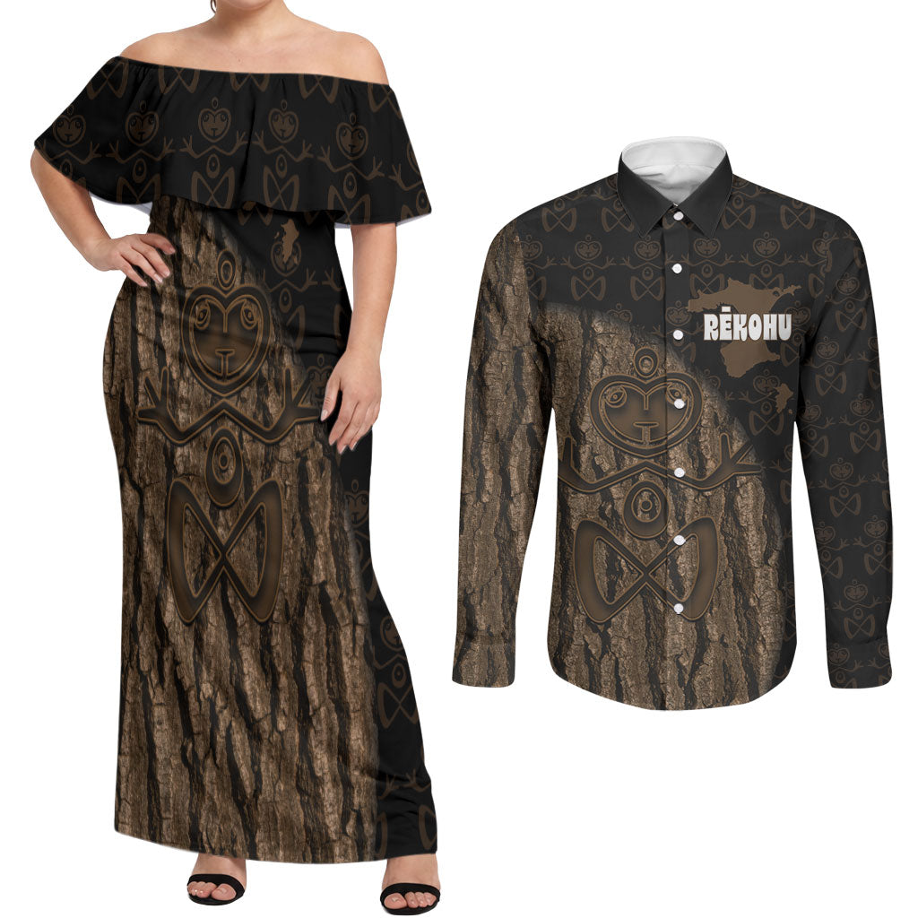 Moriori Kekoru New Zealand Personalised Couples Matching Off Shoulder Maxi Dress and Long Sleeve Button Shirt Kopi Rakau Carving Chatham Islands Map LT14 Black - Polynesian Pride