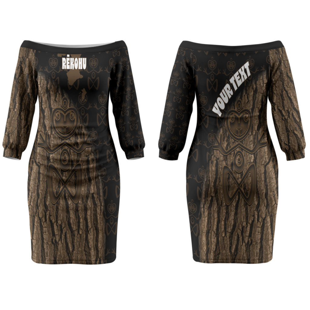 Moriori Kekoru New Zealand Personalised Couples Matching Off The Shoulder Long Sleeve Dress and Long Sleeve Button Shirt Kopi Rakau Carving Chatham Islands Map LT14 - Polynesian Pride