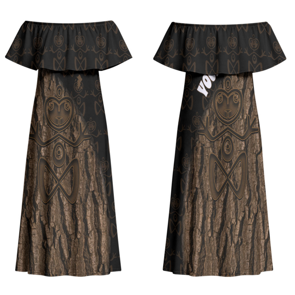Moriori Kekoru New Zealand Personalised Family Matching Off Shoulder Maxi Dress and Hawaiian Shirt Kopi Rakau Carving Chatham Islands Map LT14 Mom's Dress Black - Polynesian Pride