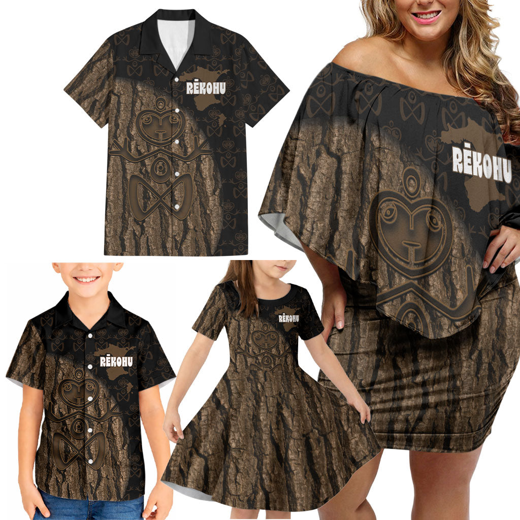 Moriori Kekoru New Zealand Personalised Family Matching Off Shoulder Short Dress and Hawaiian Shirt Kopi Rakau Carving Chatham Islands Map LT14 - Polynesian Pride