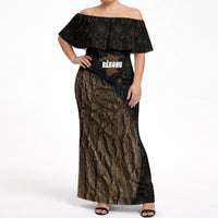 Moriori Kekoru New Zealand Personalised Off Shoulder Maxi Dress Kopi Rakau Carving Chatham Islands Map LT14 Women Black - Polynesian Pride