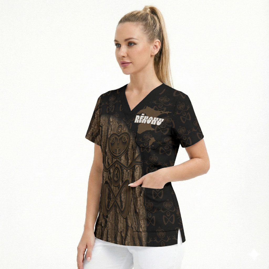 Moriori Kekoru New Zealand Personalised Scrub Top Kopi Rakau Carving Chatham Islands Map LT14 - Polynesian Pride