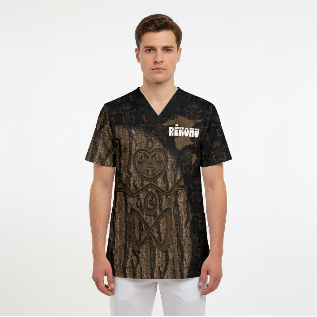 Moriori Kekoru New Zealand Personalised Scrub Top Kopi Rakau Carving Chatham Islands Map LT14 - Polynesian Pride