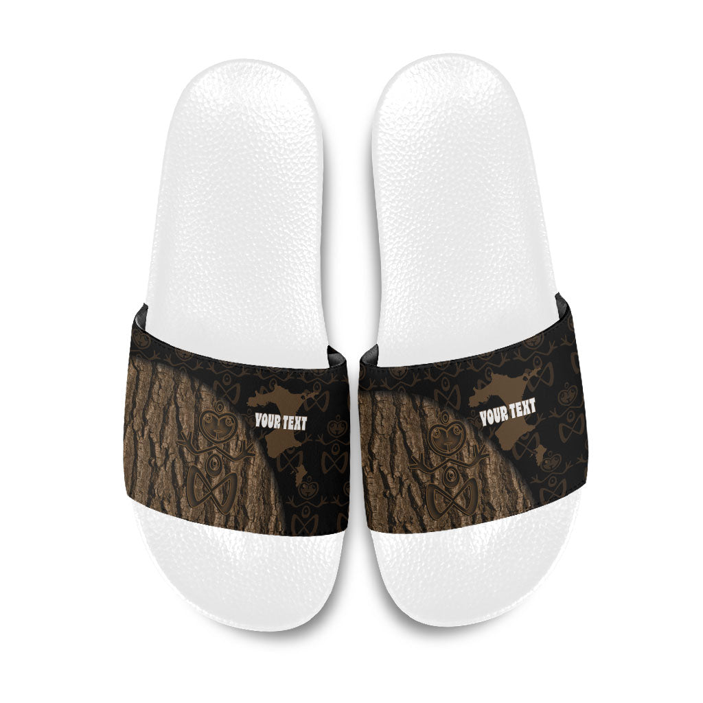 Moriori Kekoru New Zealand Personalised Slide Sandals Kopi Rakau Carving Chatham Islands Map LT14 Black - Polynesian Pride