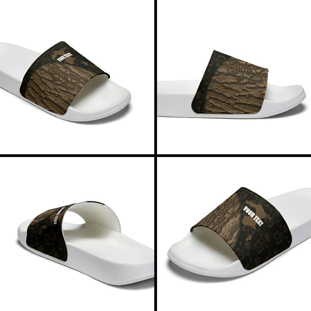 Moriori Kekoru New Zealand Personalised Slide Sandals Kopi Rakau Carving Chatham Islands Map LT14 - Polynesian Pride
