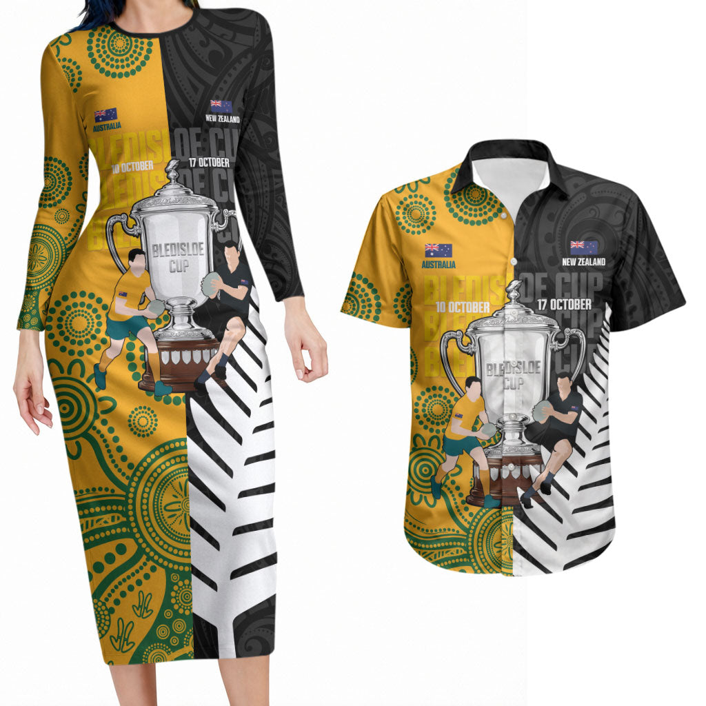 New Zealand Australia Rugby Bledisloe 2026 Custom Couples Matching Long Sleeve Bodycon Dress and Hawaiian Shirt Champion Trophy Maori Aboriginal Art LT14 Multicolor - Polynesian Pride