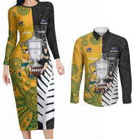 New Zealand Australia Rugby Bledisloe 2026 Custom Couples Matching Long Sleeve Bodycon Dress and Long Sleeve Button Shirt Champion Trophy Maori Aboriginal Art LT14 Multicolor - Polynesian Pride