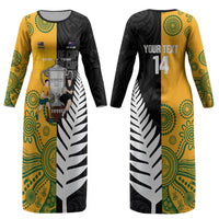 New Zealand Australia Rugby Bledisloe 2026 Custom Couples Matching Long Sleeve Bodycon Dress and Long Sleeve Button Shirt Champion Trophy Maori Aboriginal Art LT14 - Polynesian Pride