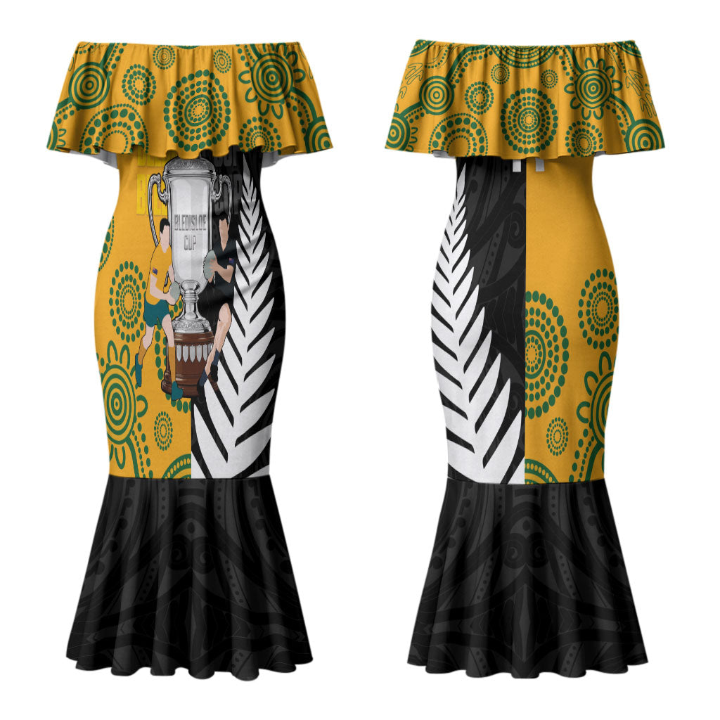 New Zealand Australia Rugby Bledisloe 2026 Custom Couples Matching Mermaid Dress and Long Sleeve Button Shirt Champion Trophy Maori Aboriginal Art LT14 - Polynesian Pride