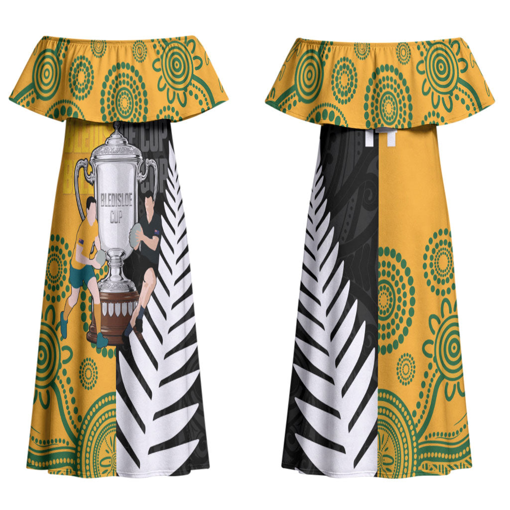 New Zealand Australia Rugby Bledisloe 2026 Custom Couples Matching Off Shoulder Maxi Dress and Long Sleeve Button Shirt Champion Trophy Maori Aboriginal Art LT14 - Polynesian Pride