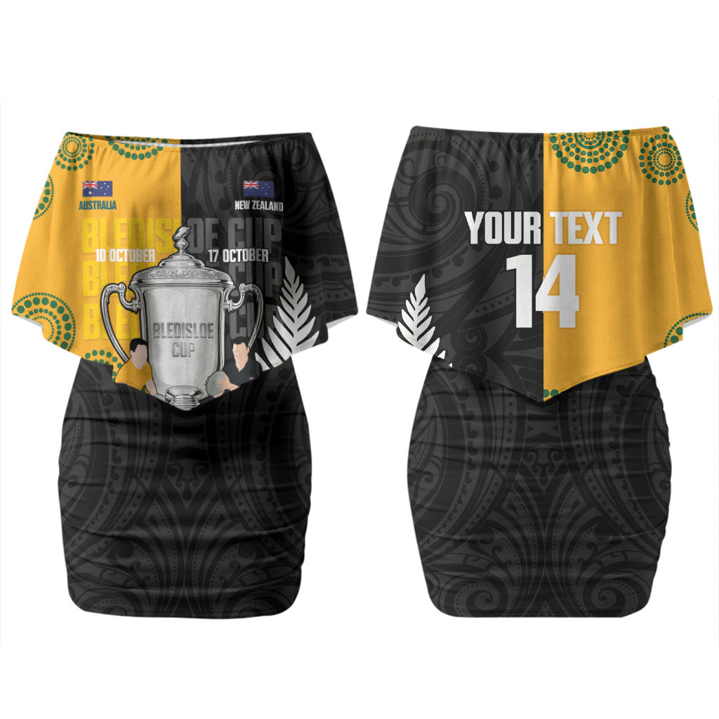 New Zealand Australia Rugby Bledisloe 2026 Custom Couples Matching Off Shoulder Short Dress and Long Sleeve Button Shirt Champion Trophy Maori Aboriginal Art LT14 - Polynesian Pride