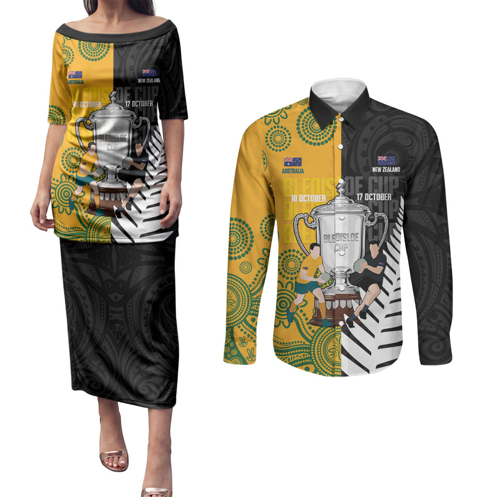 New Zealand Australia Rugby Bledisloe 2026 Custom Couples Matching Puletasi and Long Sleeve Button Shirt Champion Trophy Maori Aboriginal Art LT14 Multicolor - Polynesian Pride