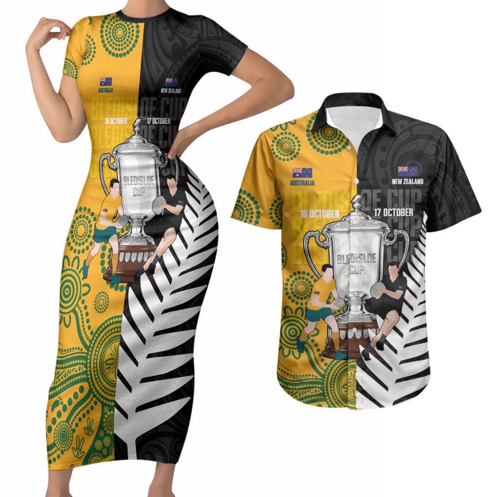New Zealand Australia Rugby Bledisloe 2026 Custom Couples Matching Short Sleeve Bodycon Dress and Hawaiian Shirt Champion Trophy Maori Aboriginal Art LT14 Multicolor - Polynesian Pride