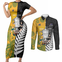 New Zealand Australia Rugby Bledisloe 2026 Custom Couples Matching Short Sleeve Bodycon Dress and Long Sleeve Button Shirt Champion Trophy Maori Aboriginal Art LT14 Multicolor - Polynesian Pride