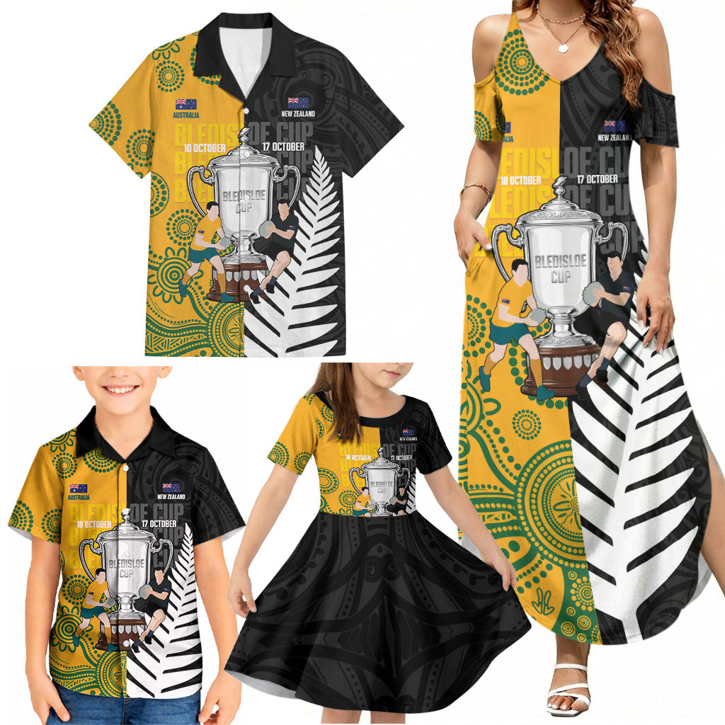 New Zealand Australia Rugby Bledisloe 2026 Custom Family Matching Summer Maxi Dress and Hawaiian Shirt Champion Trophy Maori Aboriginal Art LT14 - Polynesian Pride