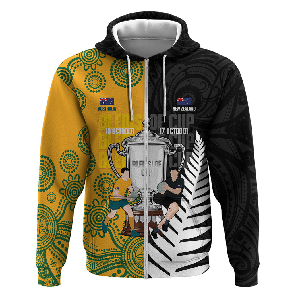 New Zealand Australia Rugby Bledisloe 2026 Custom Hoodie Champion Trophy Maori Aboriginal Art LT14 Zip Hoodie Multicolor - Polynesian Pride