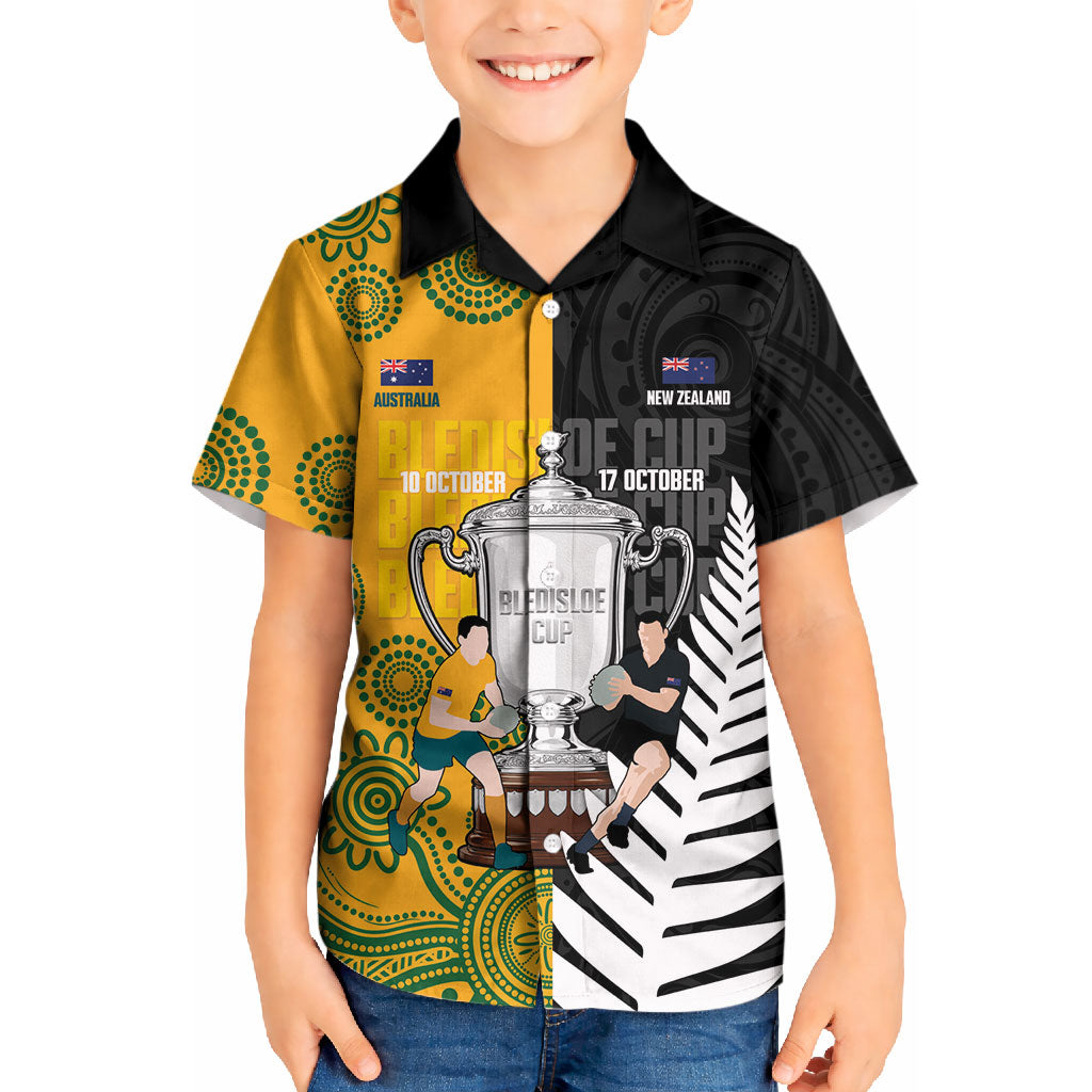 New Zealand Australia Rugby Bledisloe 2026 Custom Kid Hawaiian Shirt Champion Trophy Maori Aboriginal Art LT14 Kid Multicolor - Polynesian Pride
