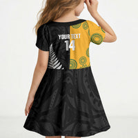 New Zealand Australia Rugby Bledisloe 2026 Custom Kid Short Sleeve Dress Champion Trophy Maori Aboriginal Art LT14 - Polynesian Pride