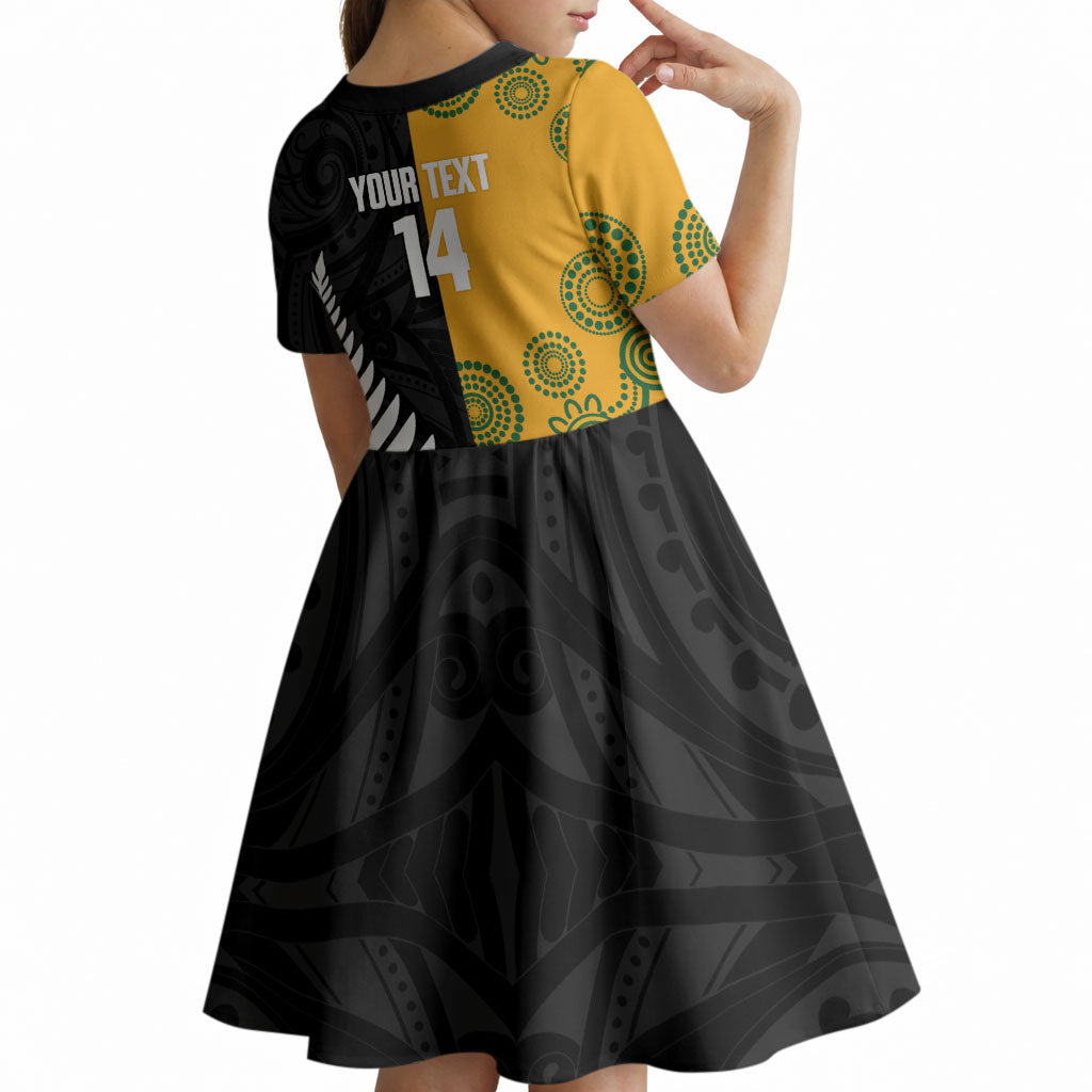 New Zealand Australia Rugby Bledisloe 2026 Custom Kid Short Sleeve Dress Champion Trophy Maori Aboriginal Art LT14 - Polynesian Pride