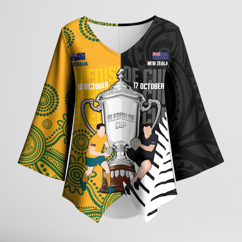 New Zealand Australia Rugby Bledisloe 2026 Custom Kimono Sleeve Blouse Champion Trophy Maori Aboriginal Art LT14 Female Multicolor - Polynesian Pride