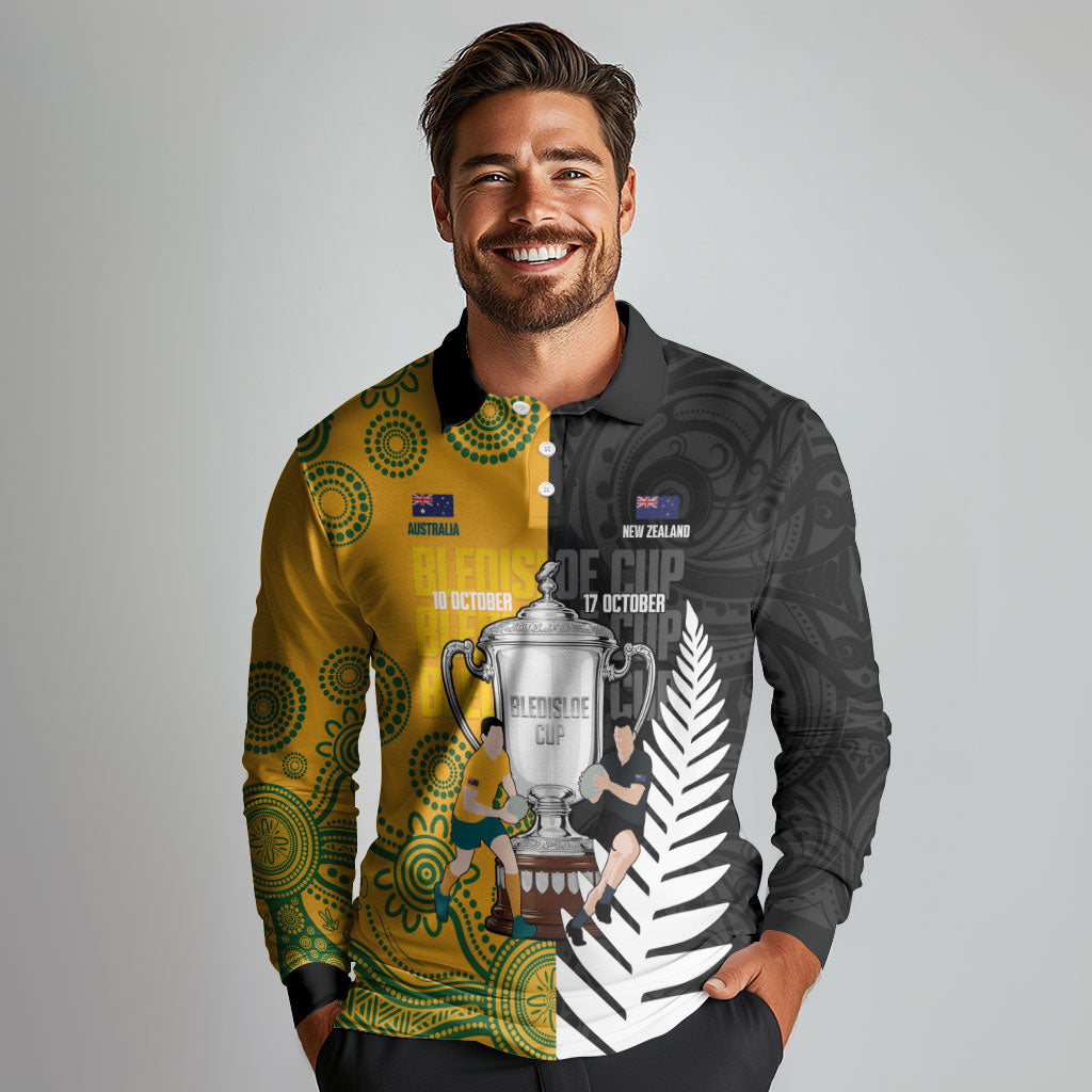 New Zealand Australia Rugby Bledisloe 2026 Custom Long Sleeve Polo Shirt Champion Trophy Maori Aboriginal Art LT14 - Polynesian Pride