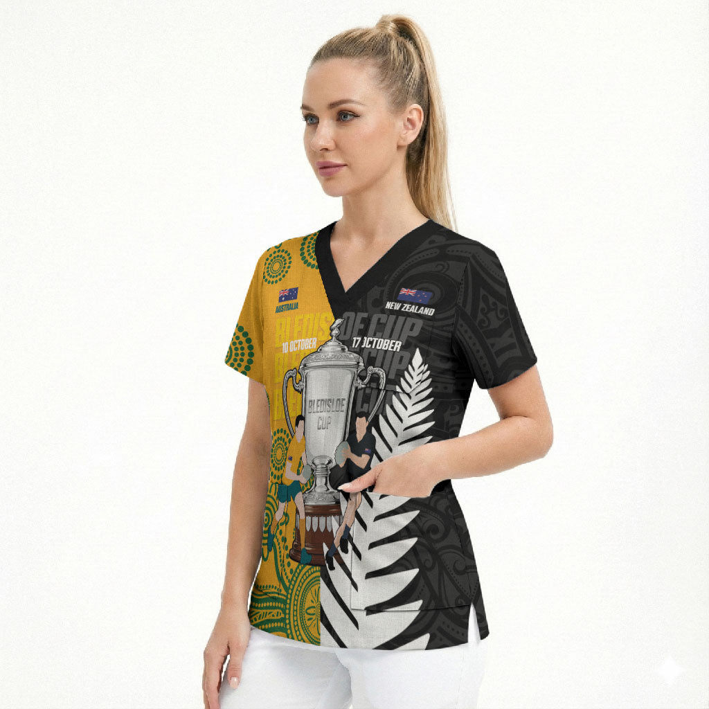 New Zealand Australia Rugby Bledisloe 2026 Custom Scrub Top Champion Trophy Maori Aboriginal Art LT14 - Polynesian Pride