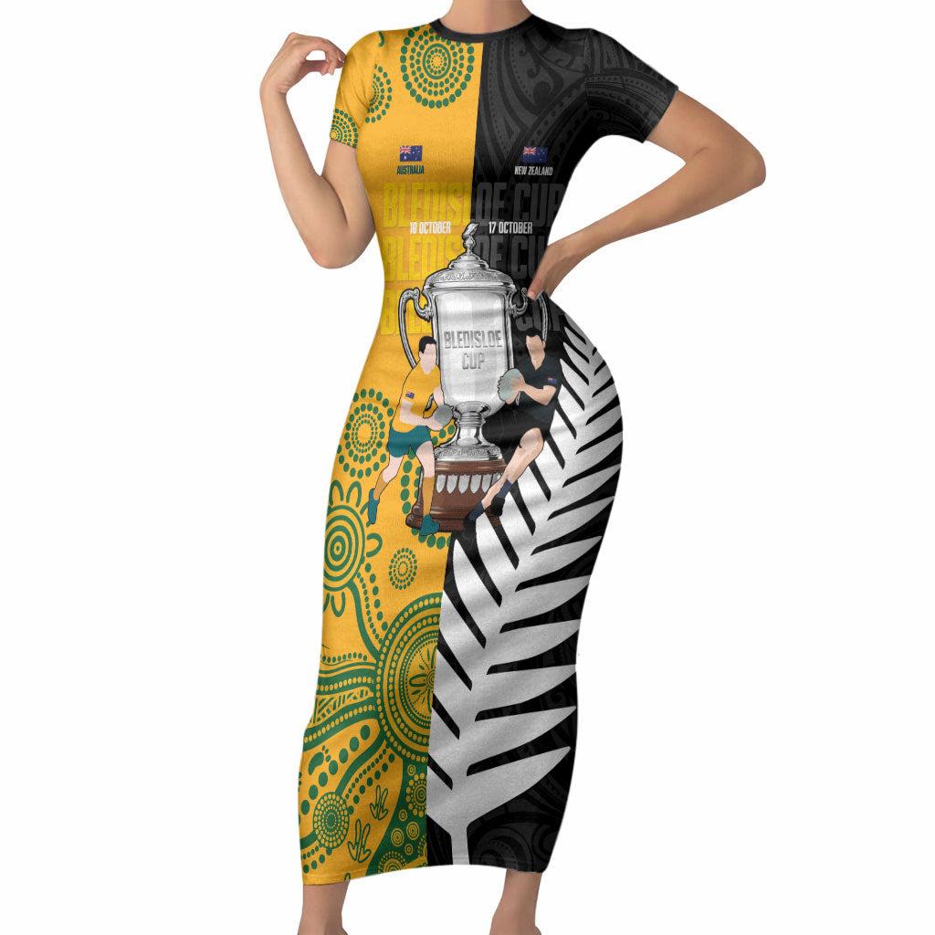 New Zealand Australia Rugby Bledisloe 2026 Custom Short Sleeve Bodycon Dress Champion Trophy Maori Aboriginal Art LT14 Long Dress Multicolor - Polynesian Pride