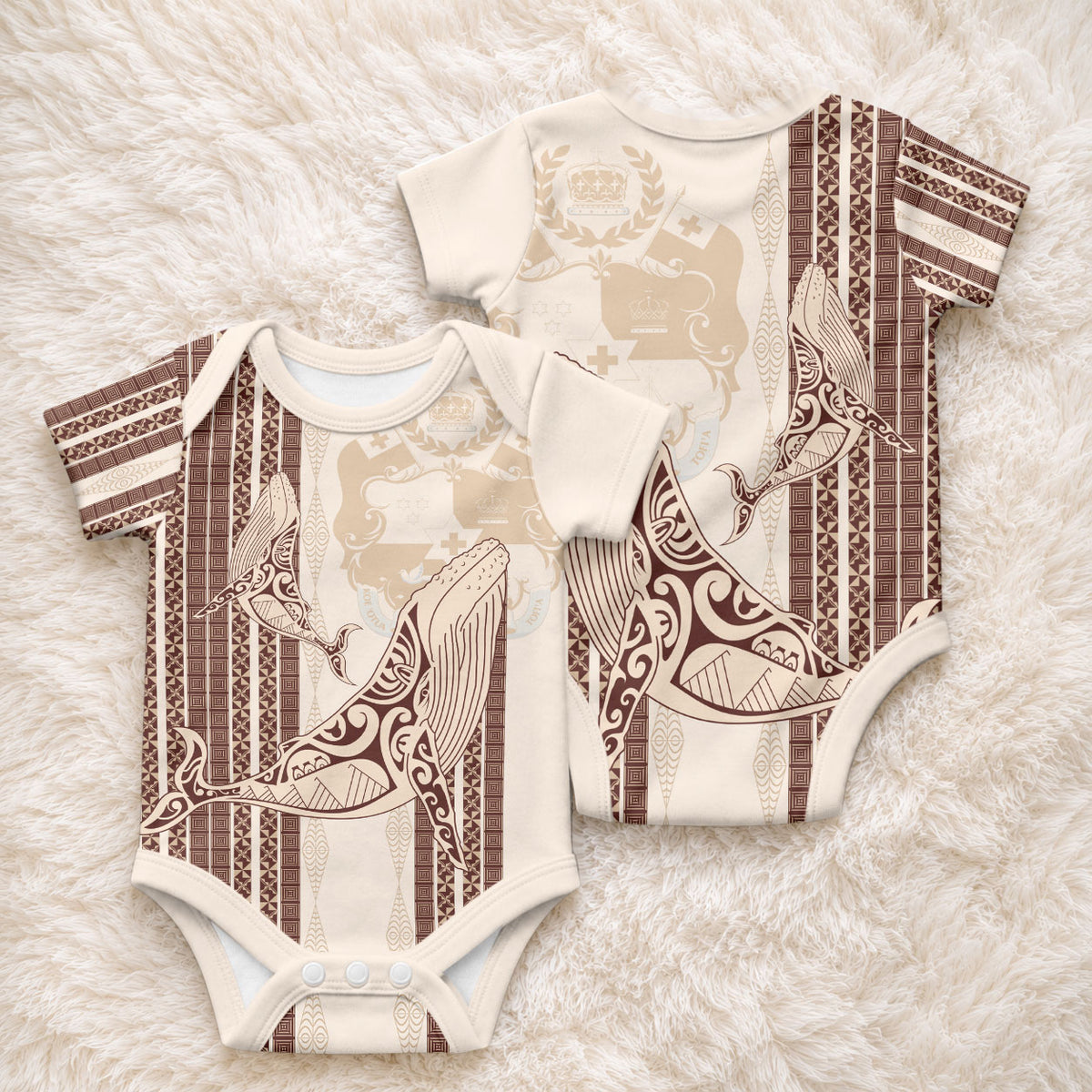 Swimming With Humpback Whales Season Tonga Baby Onesie Tongan Tofuaa Ngatu Pattern Brown