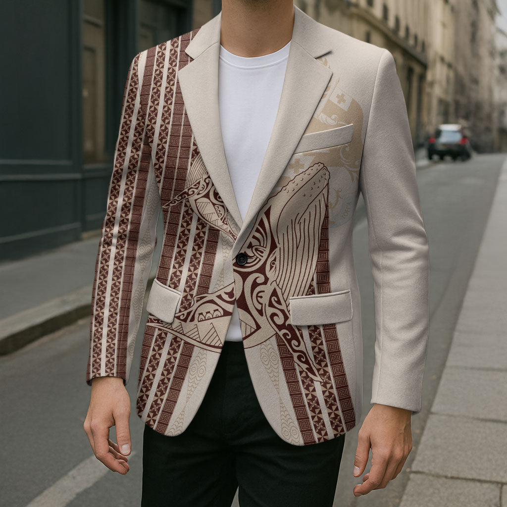Swimming With Humpback Whales Season Tonga Blazer Tongan Tofuaa Ngatu Pattern Brown LT14 - Polynesian Pride