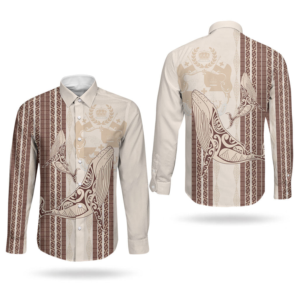 Swimming With Humpback Whales Season Tonga Couples Matching Off Shoulder Maxi Dress and Long Sleeve Button Shirt Tongan Tofuaa Ngatu Pattern Brown LT14 - Polynesian Pride
