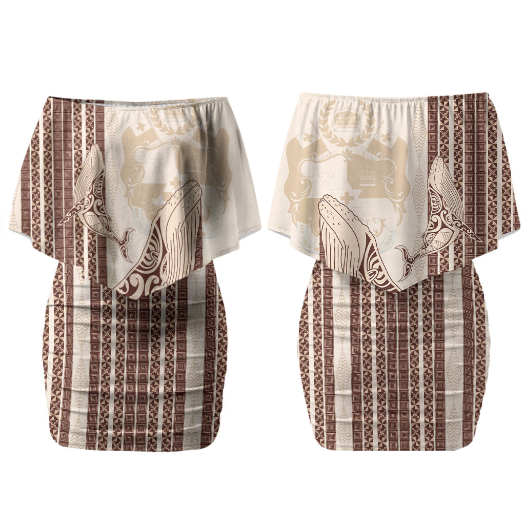 Swimming With Humpback Whales Season Tonga Couples Matching Off Shoulder Short Dress and Long Sleeve Button Shirt Tongan Tofuaa Ngatu Pattern Brown LT14 - Polynesian Pride