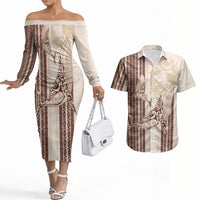 Swimming With Humpback Whales Season Tonga Couples Matching Off The Shoulder Long Sleeve Dress and Hawaiian Shirt Tongan Tofuaa Ngatu Pattern Brown LT14 Brown - Polynesian Pride
