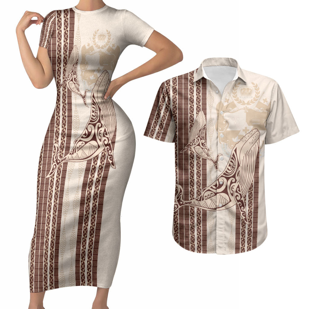Swimming With Humpback Whales Season Tonga Couples Matching Short Sleeve Bodycon Dress and Hawaiian Shirt Tongan Tofuaa Ngatu Pattern Brown LT14 Brown - Polynesian Pride