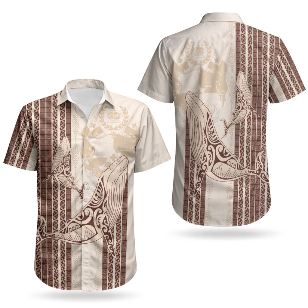 Swimming With Humpback Whales Season Tonga Couples Matching Short Sleeve Bodycon Dress and Hawaiian Shirt Tongan Tofuaa Ngatu Pattern Brown LT14 - Polynesian Pride