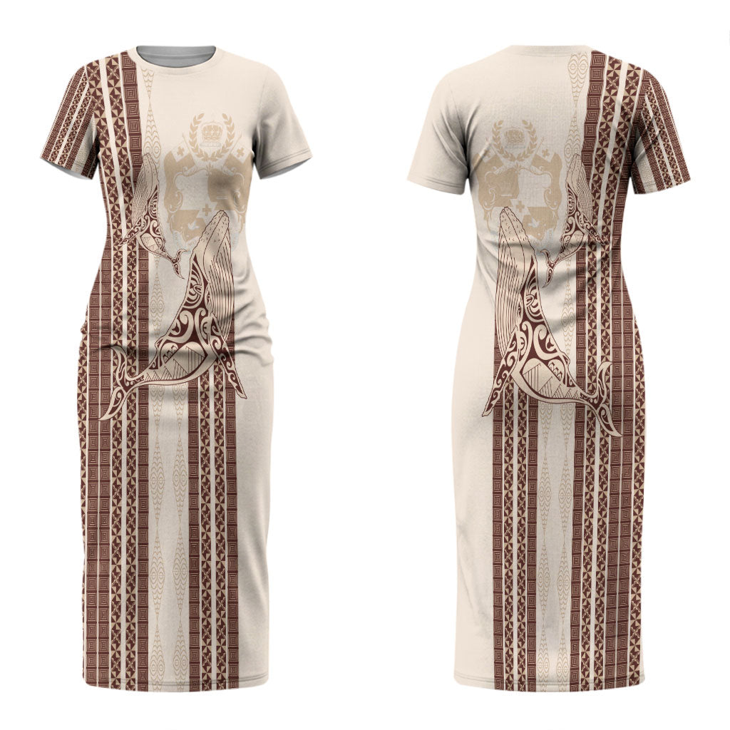 Swimming With Humpback Whales Season Tonga Couples Matching Short Sleeve Bodycon Dress and Hawaiian Shirt Tongan Tofuaa Ngatu Pattern Brown LT14 - Polynesian Pride