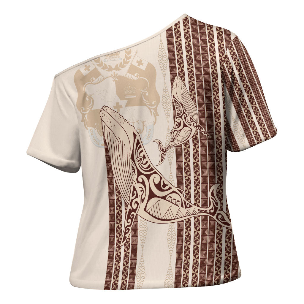 Swimming With Humpback Whales Season Tonga Cross Shoulder Shirt Tongan Tofuaa Ngatu Pattern Brown LT14 - Polynesian Pride