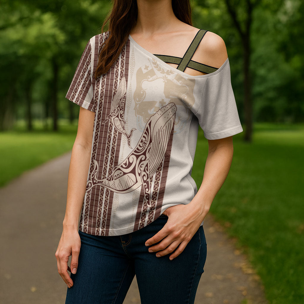 Swimming With Humpback Whales Season Tonga Cross Shoulder Shirt Tongan Tofuaa Ngatu Pattern Brown LT14 - Polynesian Pride